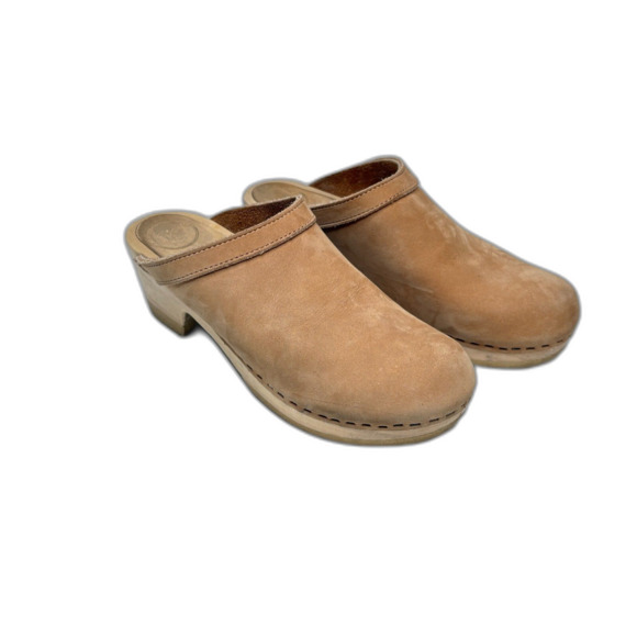 WEAR IN GOOD HEALTH Tan Suede Wood Clogs Womens Size EU 40/US 8-8.5 - Picture 1 of 8